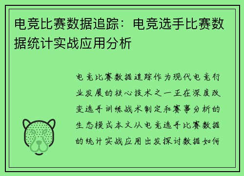电竞比赛数据追踪：电竞选手比赛数据统计实战应用分析